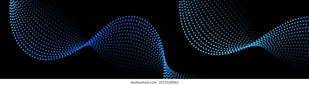 Fundo abstrato com pontos e ondas. Tamanho do banner da Web. Elemento de design. Fundo vetorial para brochura, livreto, folheto, cartaz. Gradiente em preto e azul