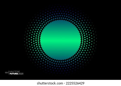 Abstrakter Hintergrund mit gepunkteten Kreisen. Moderne geometrische Halbfone mit grünen Farbverläufen sind rund. Vektorgrafik, 2022-2023