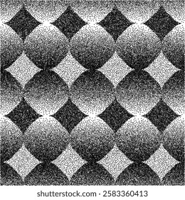 Abstract background with dotted circles and rhombuses. Random stipple dots background. Black dots on a white background.