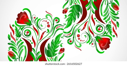 Abstract background drawn in the Ukrainian style of Petrikovsky painting. Vector. Hand drawn.
