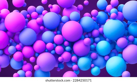 Abstract background with dreamy blue pink purple vibrant neon gradient random flying spheres. Colorful neon matte soft balls in different sizes. Vector background