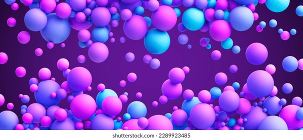 Abstract background with dreamy blue pink purple vibrant neon gradient random flying spheres. Colorful neon matte soft balls in different sizes. Vector background