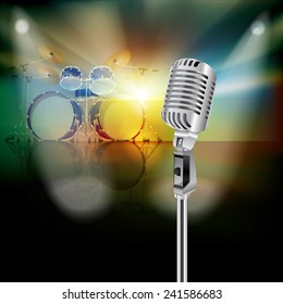 abstract background with drum kit and retro microphone on music stage