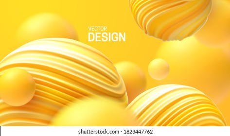 Abstract background with dynamic 3d bubbles. Plastic yellow bubbles. Vector illustration of glossy soft balls. Modern trendy banner or poster design