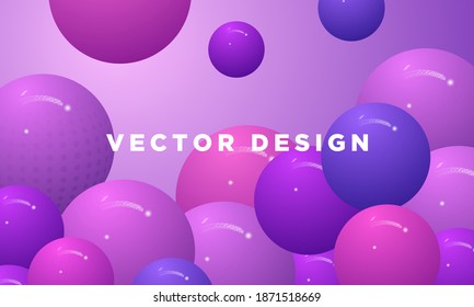 Abstract background with dynamic 3d fields. Purple plastic pastel bubbles. Vector illustration of a shiny ball. Modern trendy banner or poster design