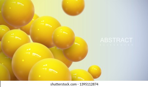 Abstract background with dynamic 3d spheres. Plastic yellow bubbles. Vector illustration of glossy balls. Modern trendy banner or poster design