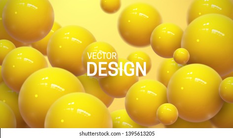 Abstract background with dynamic 3d spheres. Plastic yellow bubbles. Vector illustration of glossy balls. Modern trendy banner or poster design