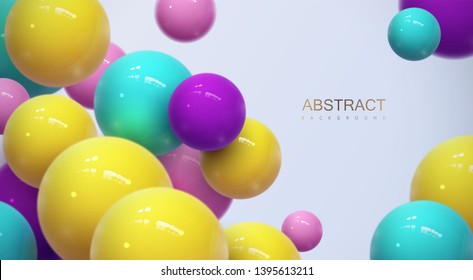 Abstract background with dynamic 3d spheres. Plastic colorful bubbles. Vector illustration of glossy balls. Modern trendy banner or poster design