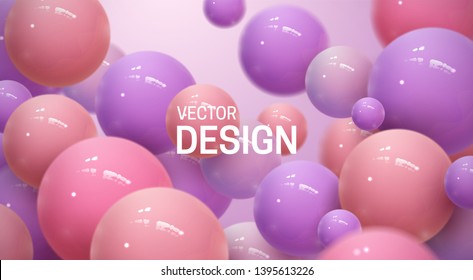 Abstract background with dynamic 3d spheres. Plastic colorful bubbles. Vector illustration of glossy balls. Bouncing particles. Modern trendy banner or poster design