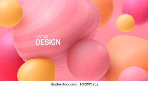 Abstract background with dynamic 3d spheres. Plastic pastel pink and yellow bubbles. Vector illustration of glossy soft balls. Modern trendy banner or poster design