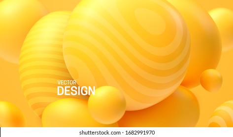 Abstract background with dynamic 3d spheres. Plastic yellow bubbles. Vector illustration of glossy soft balls. Modern trendy banner or poster design