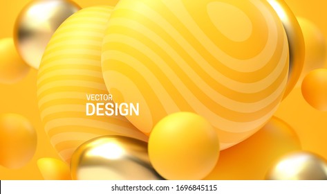 Abstract background with dynamic 3d spheres. Plastic yellow and golden bubbles. Vector illustration of glossy soft balls. Modern trendy banner or poster design. Colorful cover template