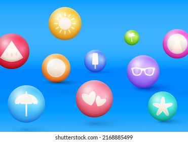 Resumen de fondo con esferas 3d dinámicas con iconos de verano.