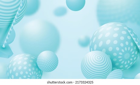 Abstract background with dynamic 3d spheres. White and blue bubbles. Vector illustration of balls textured with pattern. Modern trendy banner or poster design EPS 10 design