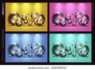 Abstract background with dynamic 3d spheres. Yellow bubbles. Vector illustration of glossy balls. Modern trendy banner design