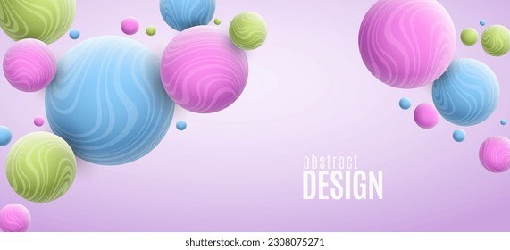 Abstract background with dynamic 3d spheres textured with striped pattern. Volumetric colorful bubbles. Modern trendy banner design for your project. Vector illustration. EPS 10.