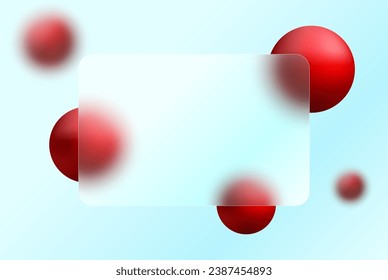 Abstract background with dynamic balls under a transparent matte frame on a light background. Glass overlay effect banner with 3D red vector balls in glass morphism style. Vector illustration.