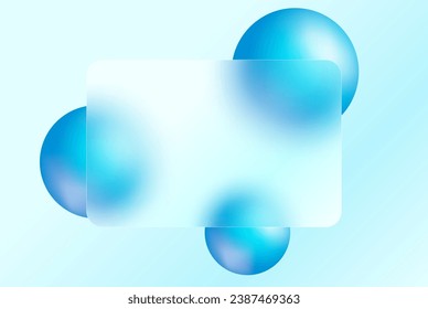 Fondo abstracto con bolas dinámicas bajo un marco mate transparente sobre un fondo claro. Banner de efecto de superposición de vidrio con bolas vectoriales de 3d azul en estilo morfismo de vidrio.