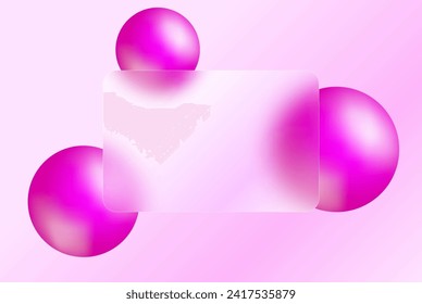 Abstract background with dynamic balls under a transparent matte frame on a light background. Glass overlay effect banner with 3d pink vector balls in glass morphism style.