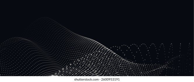 Abstract background with dynamic black and white wave. Futuristic dotted wave of bright particles on dark background. Weave effect. Background for presentation design. Wide format vector illustration.