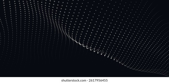 Abstract background with dynamic black and white wave. Futuristic dotted wave of bright particles on dark background. Weave effect. Background for presentation design. Wide format vector illustration.