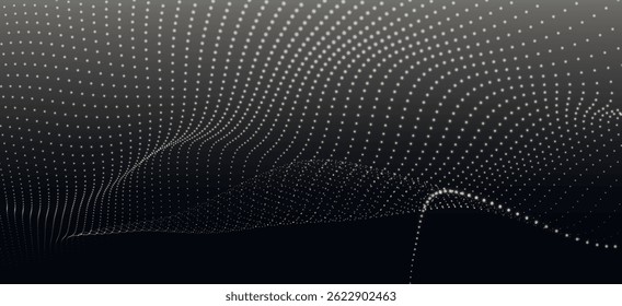 Fundo abstrato com onda preta e branca dinâmica. Onda pontilhada futurista de partículas brilhantes sobre fundo escuro. Efeito tecer. Plano de fundo para design de apresentação. Ilustração vetorial em formato amplo.