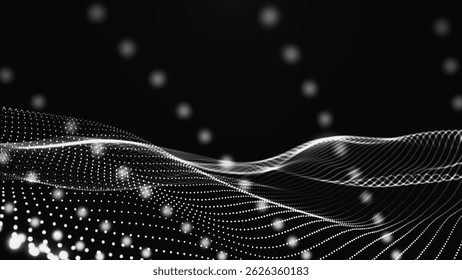 Fundo abstrato com onda preta e branca dinâmica. Onda pontilhada futurista de partículas brilhantes sobre fundo escuro. Efeito tecer. Plano de fundo para design de apresentação. Ilustração vetorial em formato amplo.