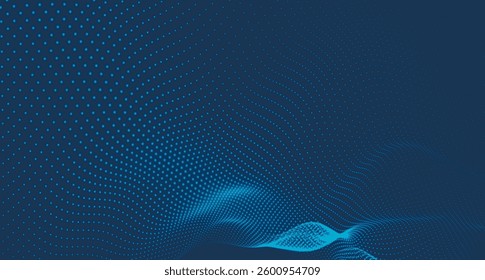 Abstract background with dynamic color wave. Futuristic dotted wave of bright particles. Colorful background for presentation design. Wide format vector illustration. Weave effect.