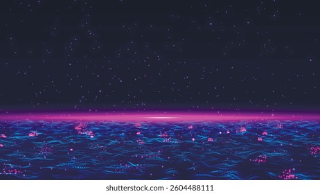 Abstract background with dynamic color wave. Futuristic dotted wave of bright particles. Colorful background for presentation design. Wide format vector illustration. Weave effect.