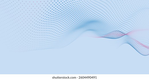 Abstract background with dynamic color wave. Futuristic dotted wave of bright particles. Light background. Colorful background for presentation design. Wide format vector illustration. Weave effect.