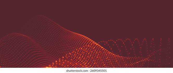 Abstract background with dynamic color wave. Futuristic dotted wave of bright particles. Colorful background for presentation design. Wide format vector illustration. Weave effect.