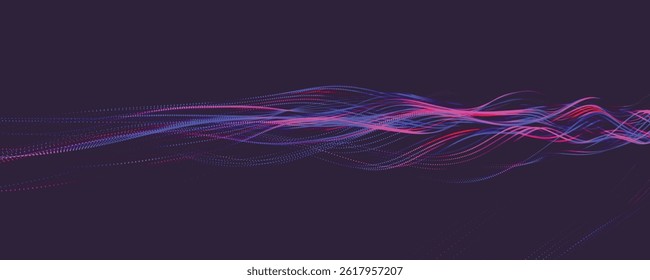 Abstrakter Hintergrund mit dynamischer Farbwelle. Futuristische gepunktete Welle heller Teilchen. Farbiger Hintergrund für das Präsentationsdesign. Dunkler Hintergrund. Großformatige Vektorgrafik. Webeffekt.