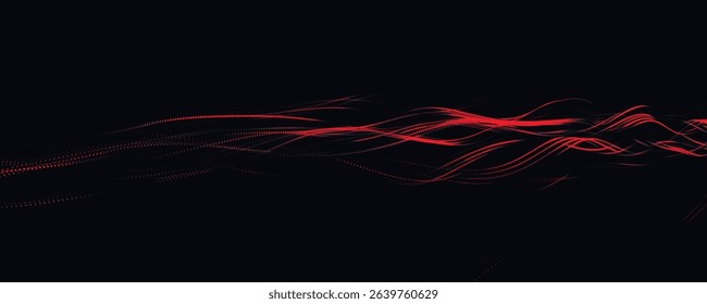 Abstract background with dynamic color wave. Futuristic dotted wave of bright particles. Colorful background for presentation design. Dark background. Wide format vector illustration. Weave effect.