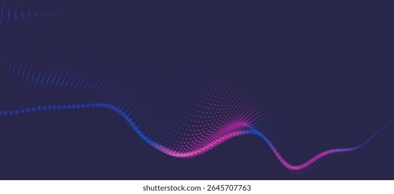 Abstract background with dynamic color wave. Futuristic dotted wave of bright particles. Colorful background for presentation design. Wide format vector illustration. Weave effect.