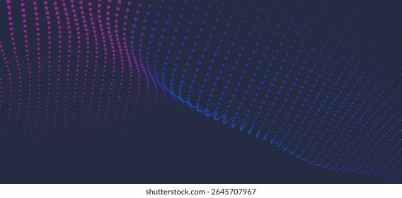 Abstract background with dynamic color wave. Futuristic dotted wave of bright particles. Colorful background for presentation design. Wide format vector illustration. Weave effect.