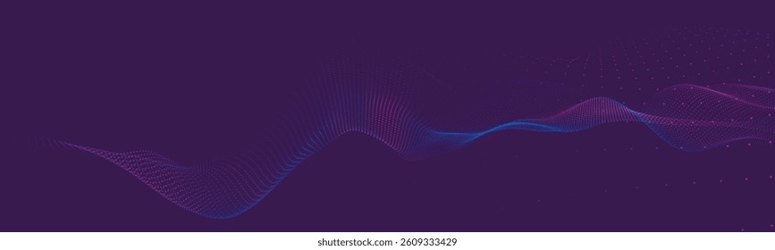 Abstract background with dynamic colorful wave. Futuristic dotted wave of bright particles. Dark background. Colorful background for presentation design. Wide format vector illustration. Interweaving 