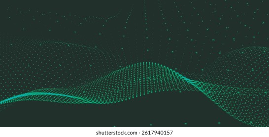 Abstract background with dynamic colorful wave. Futuristic dotted wave of bright particles. Colorful background for presentation design. Wide format vector illustration. Plexus effect