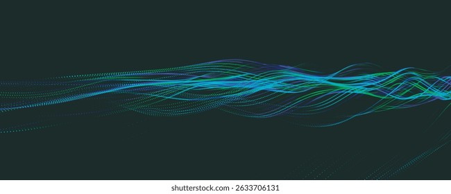 Fundo abstrato com onda colorida dinâmica. Onda pontilhada futurista de partículas brilhantes. Fundo colorido para design de apresentação. Ilustração vetorial em formato amplo. Efeito plexo