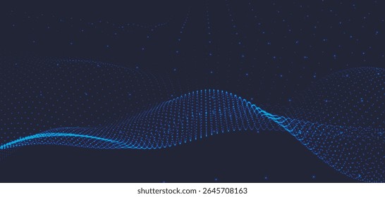 Abstract background with dynamic colorful wave. Futuristic dotted wave of bright particles. Dark background. Colorful background for presentation design. Wide format vector illustration. Interweaving 