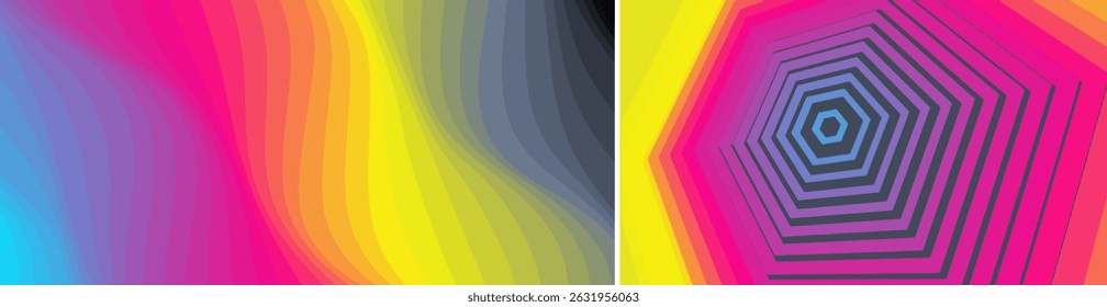Abstract background with dynamic effect. Modern pattern. Geometric design element. Striped lines pattern in hexagon shape. Cover design template. Vector for presentation, banner, poster or brochure.