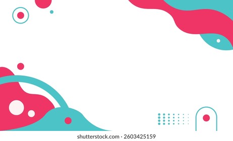 Abstract background with dynamic fluid shapes and geometric elements in vibrant pink and teal colors on a clean white backdrop.