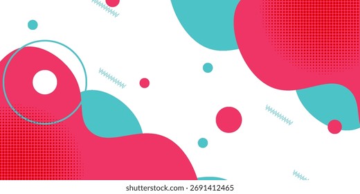 Abstract background with dynamic fluid shapes and geometric elements in vibrant pink and teal colors on a clean white backdrop.