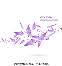 Abstract background with dynamic flying fragments. Glass geometric polygon shapes purple color in motion. Modern fashion design. Vector.