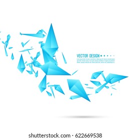 Abstract background with dynamic flying fragments. Glass geometric polygon shapes blue color in motion. 