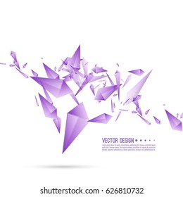 Abstract background with dynamic flying fragments. Glass geometric polygon shapes purple color in motion. 