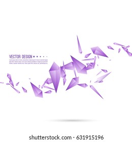 Abstract Background With Dynamic Flying Fragments. Glass Geometric Polygon Shapes Purple Color In Motion. 