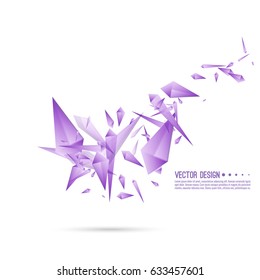 Abstract background with dynamic flying fragments. Glass geometric polygon shapes purple color in motion. 