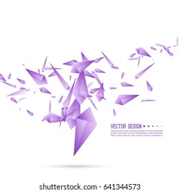 Abstract background with dynamic flying fragments. Glass geometric polygon shapes purple color in motion. 