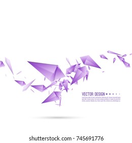 Abstract background with dynamic flying fragments. Glass geometric polygon shapes purple color in motion. 