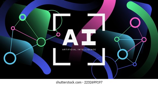 Fondo abstracto con formas geométricas dinámicas y líneas curvadas en colores de neón degradado. Diseño futurista de pancartas. Concepto de Ai (Inteligencia Artificial). Ilustración del vector